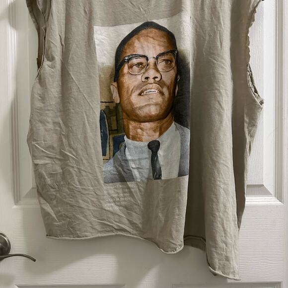💥Malcolm X Graphic Tee Cut off sleeves Unisex size 2X Tan color freedom - Picture 6 of 10
